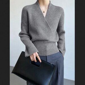 NWT Women's Commense Gray She's Effortless Wrap Sweater Ribbed Knit LARGE